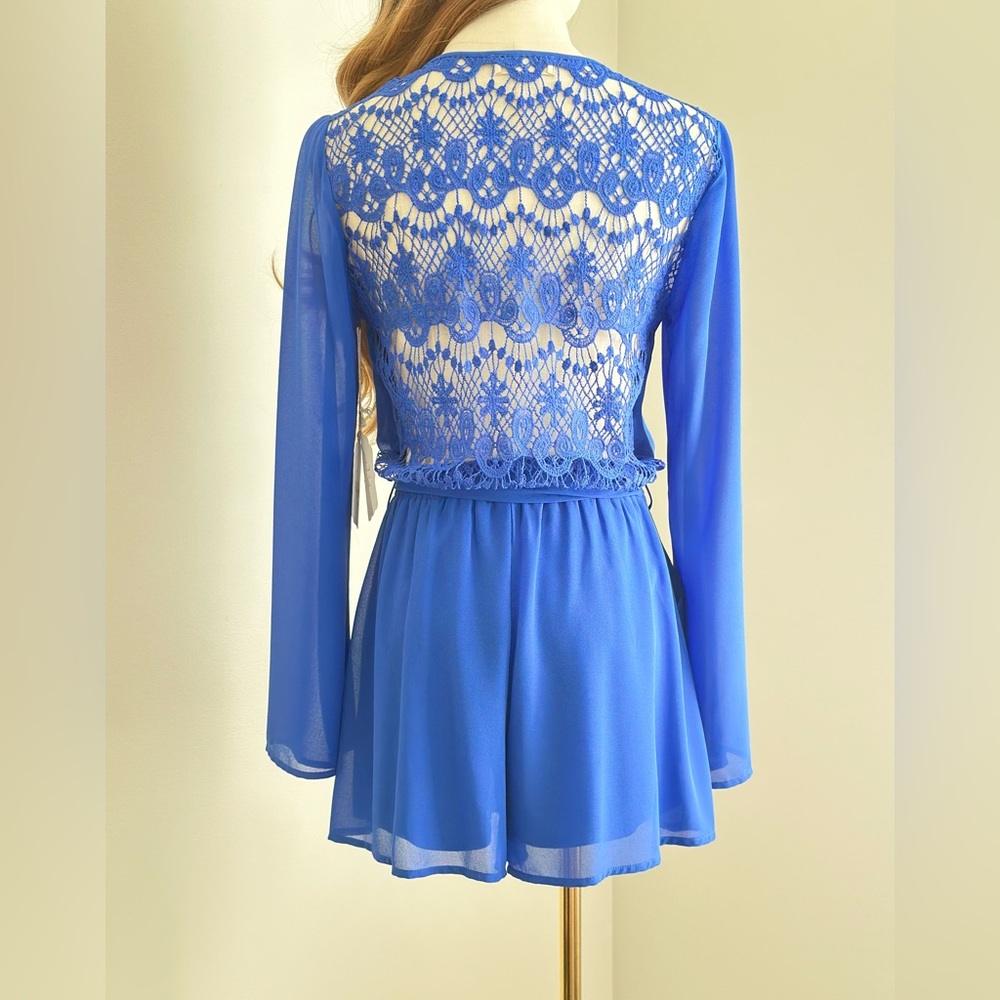 Royal blue crepe chiffon and crochet lace romper